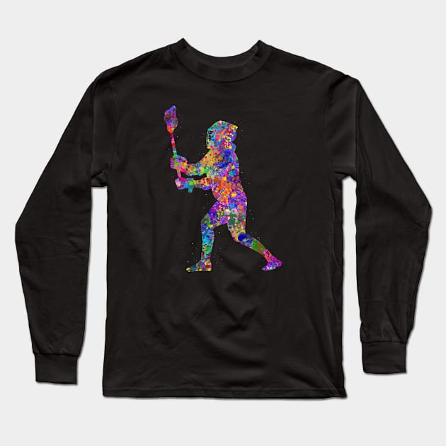 Lacrosse player watercolor Long Sleeve T-Shirt by Yahya Art